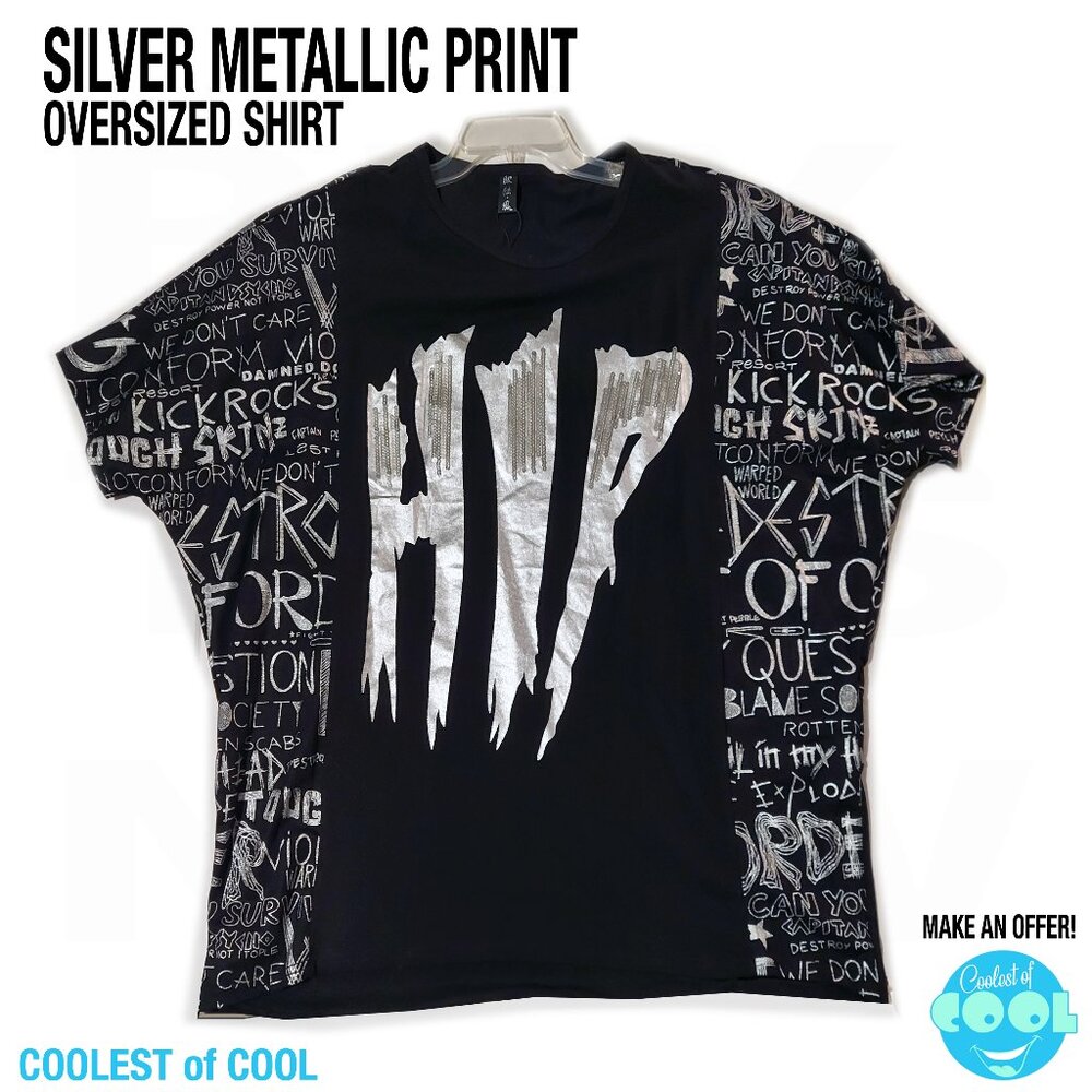 Urban oversized Metallic Hip Graffiti Punk shirt black AOP 30 in pit NWT